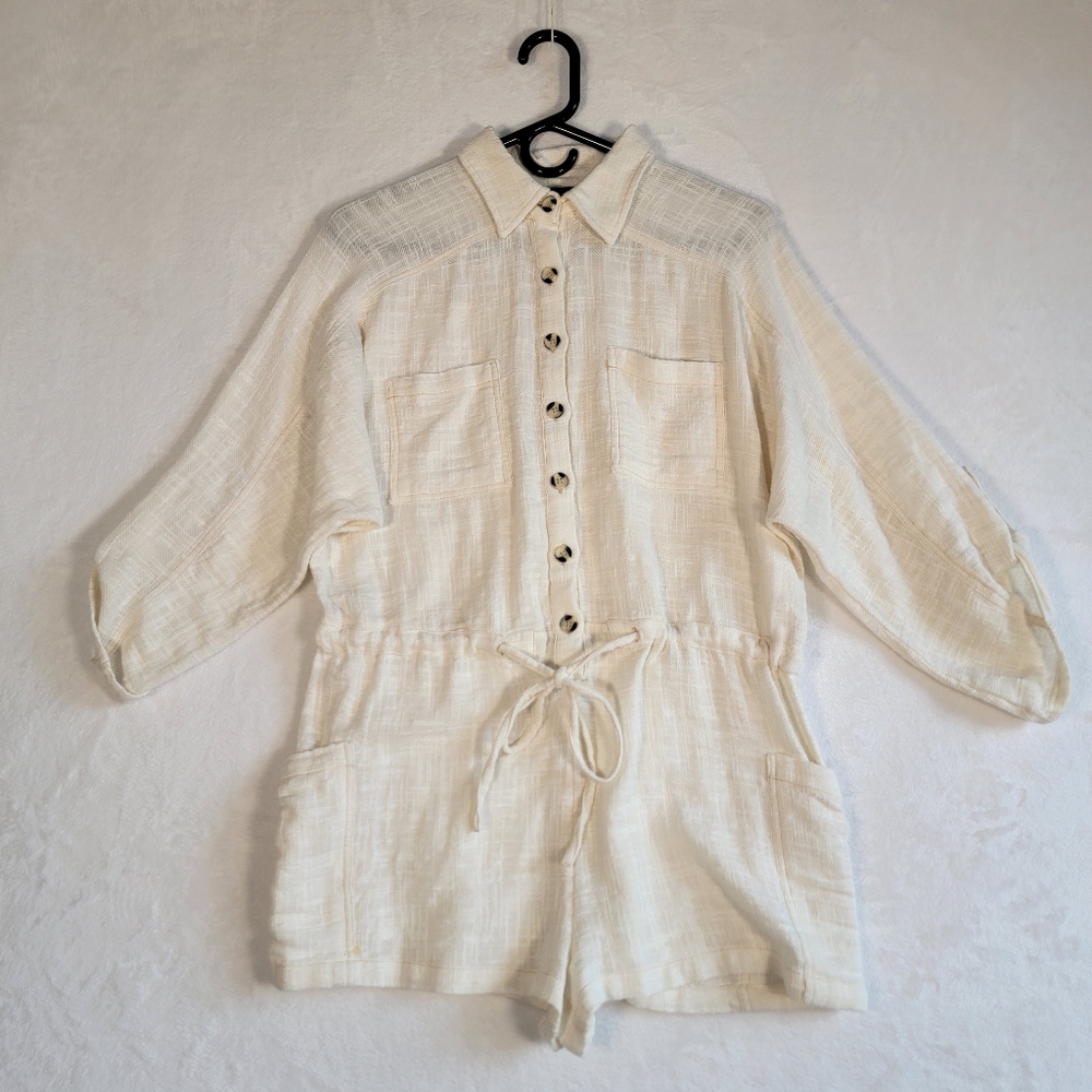 Out From Under | UO Cotton Tie-Waist Long Sleeve Romper in Ivory, Size S